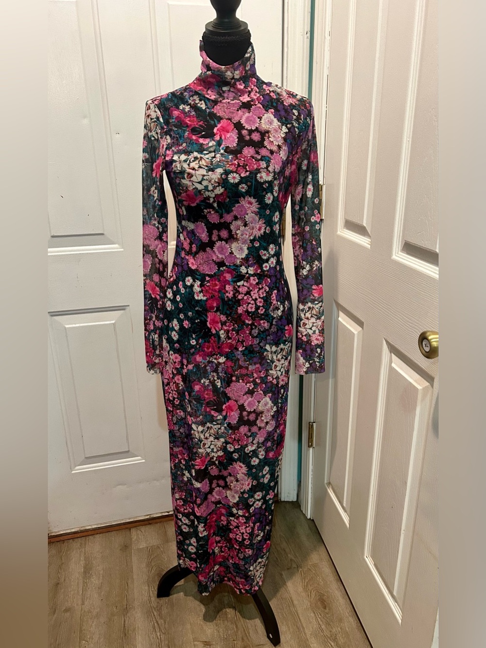Afrm Floral Mesh Long Sleeve Maxi Dress Turtleneck Bodycon SZ M